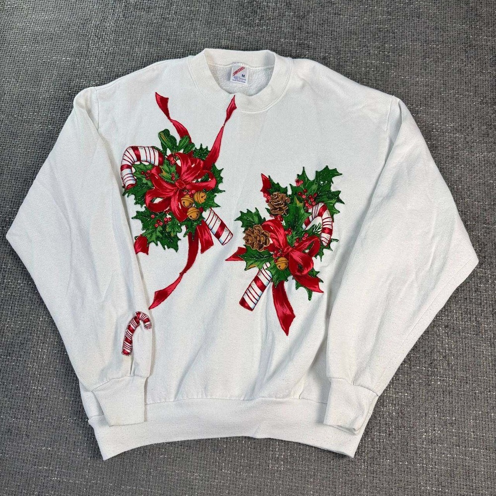 Jerzees Christmas Sweatshirt Unisex Medium White Vintage 90s Candy Cane